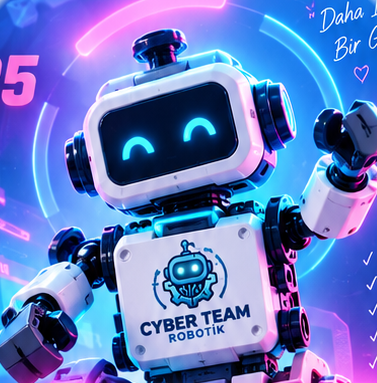 CYBER TEAM robotik temasını yansıtan gülümseyen robot illüstrasyonu